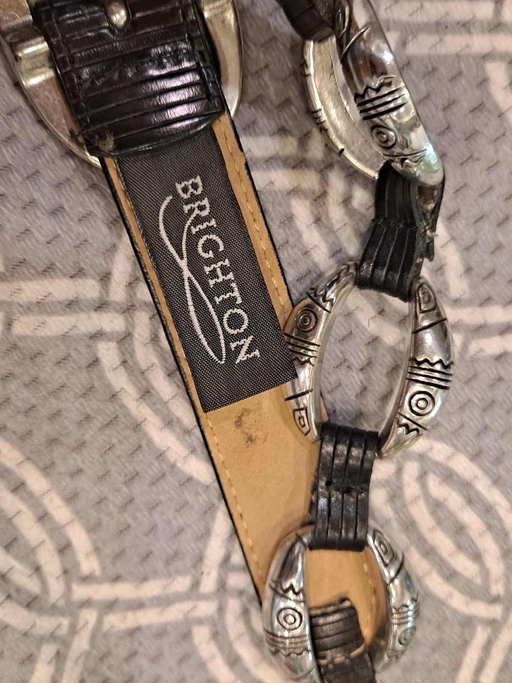Brighton Black Textured Leather Belt Decorative Etched Silver Oval Link Buckles